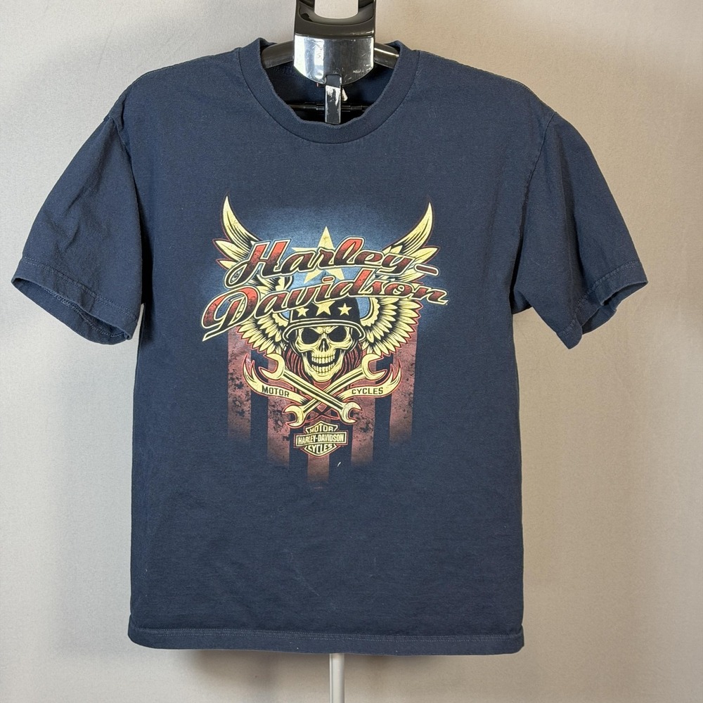 Harley-Davidson Shirt Mens Large Blue Skull Wings Graphic Tee Hollywood LA